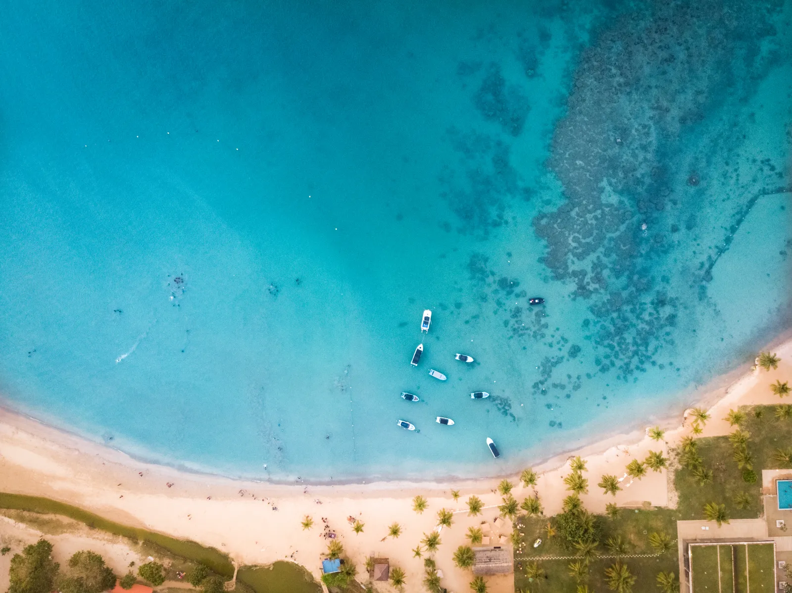 Aerial view of boats in turquoise water beside the sandy, palm-lined shore at Pasikudah